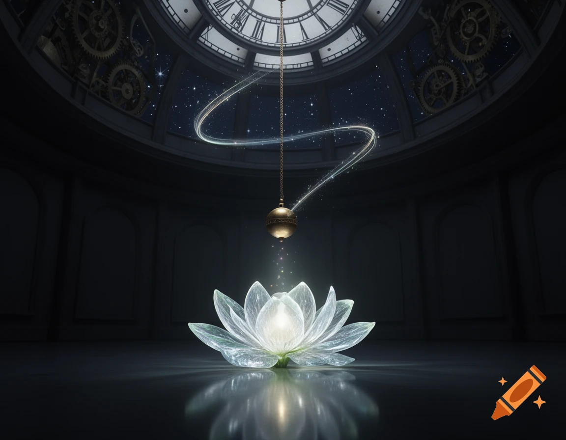 A luminous lotus flower glows on a dark floor beneath a magical pendulum and a massive clock dome ceiling with a starry sky, fantasy art style.