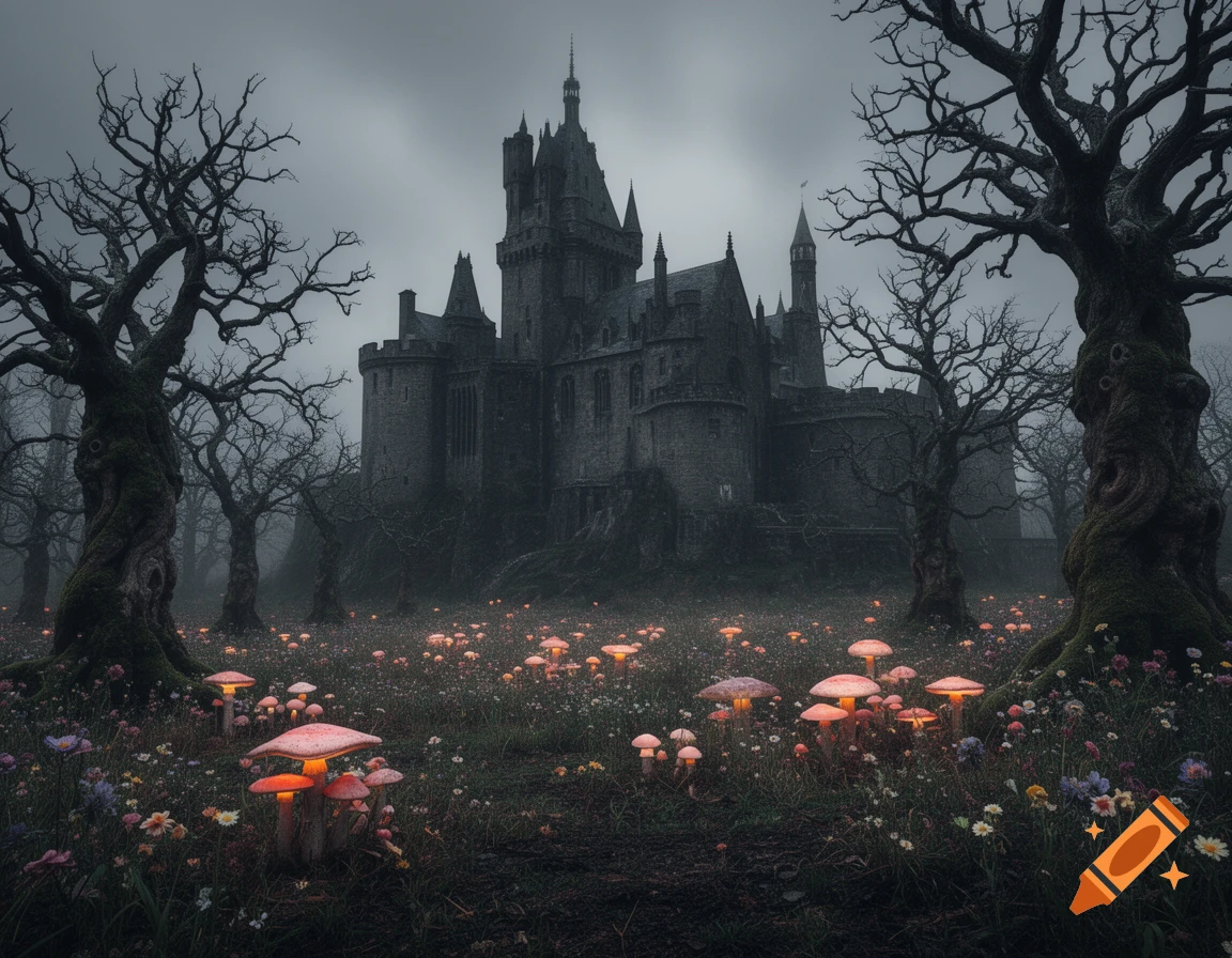A dark gothic castle under a stormy sky, surrounded by gnarled trees and a field of glowing pink mushrooms and wildflowers.