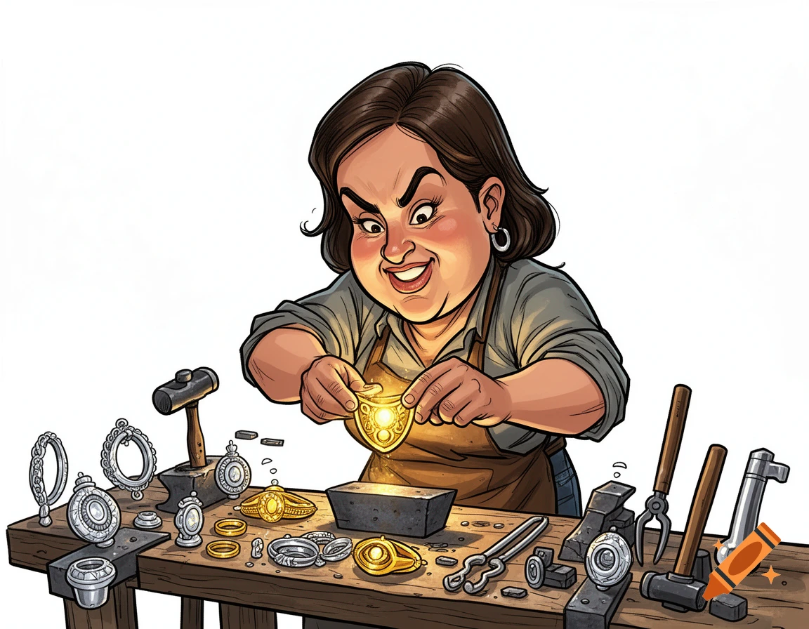 Comic caricature of a female goldsmith working on a glowing gold jewelry piece at a workbench, surrounded by silver items and tools.