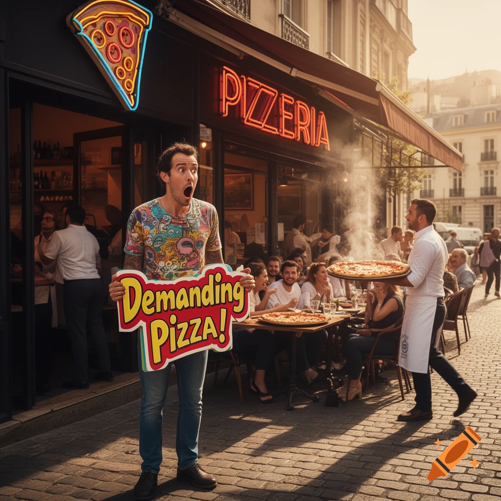 A man holding a 'Demanding Pizza!' sign stands surprised in front of a busy pizzeria, where a waiter carries a steaming pizza past outdoor diners.