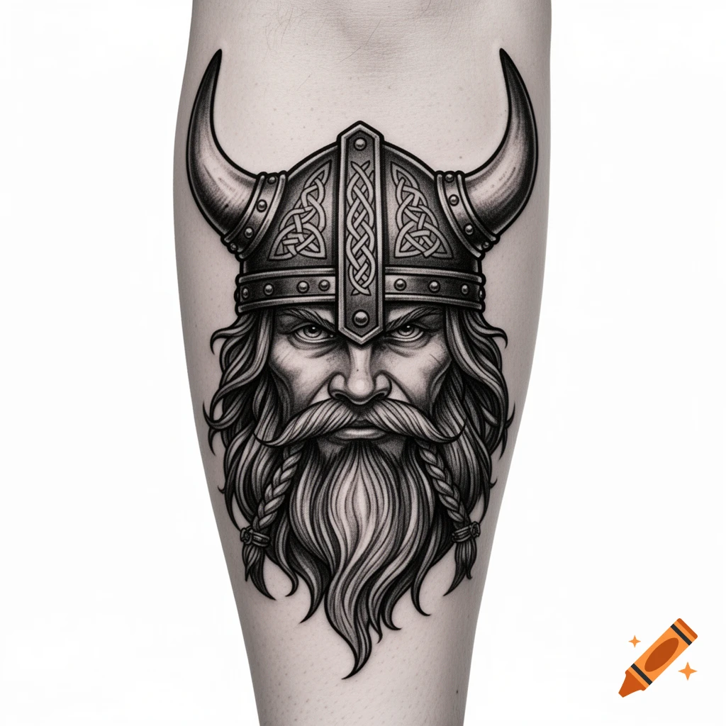Detailed black and white tattoo of a stern Viking head with a horned helmet and braided beard on an arm.