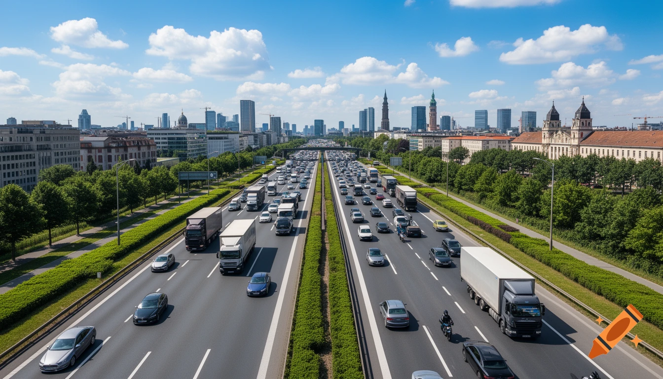 A bustling multilane highway with heavy traffic passes through a vibrant city skyline under a blue sky.