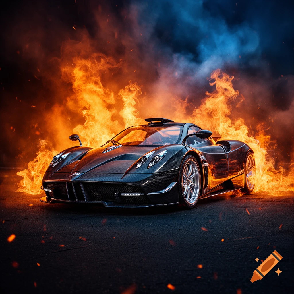 Photorealistic black sports car emerging from a background of swirling orange and blue fire and smoke.