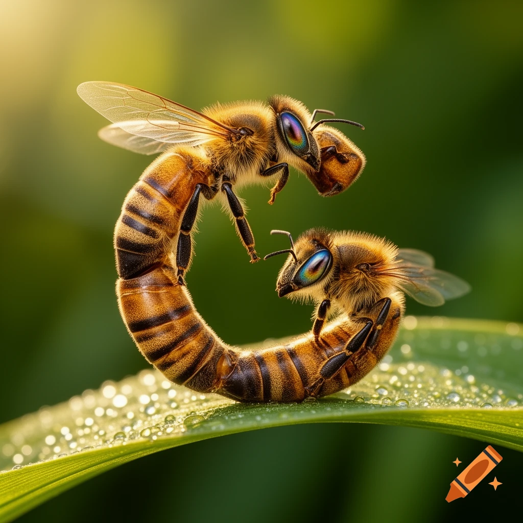 Two photorealistic honey bees with iridescent eyes form the letter G on a green leaf covered in dewdrops.
