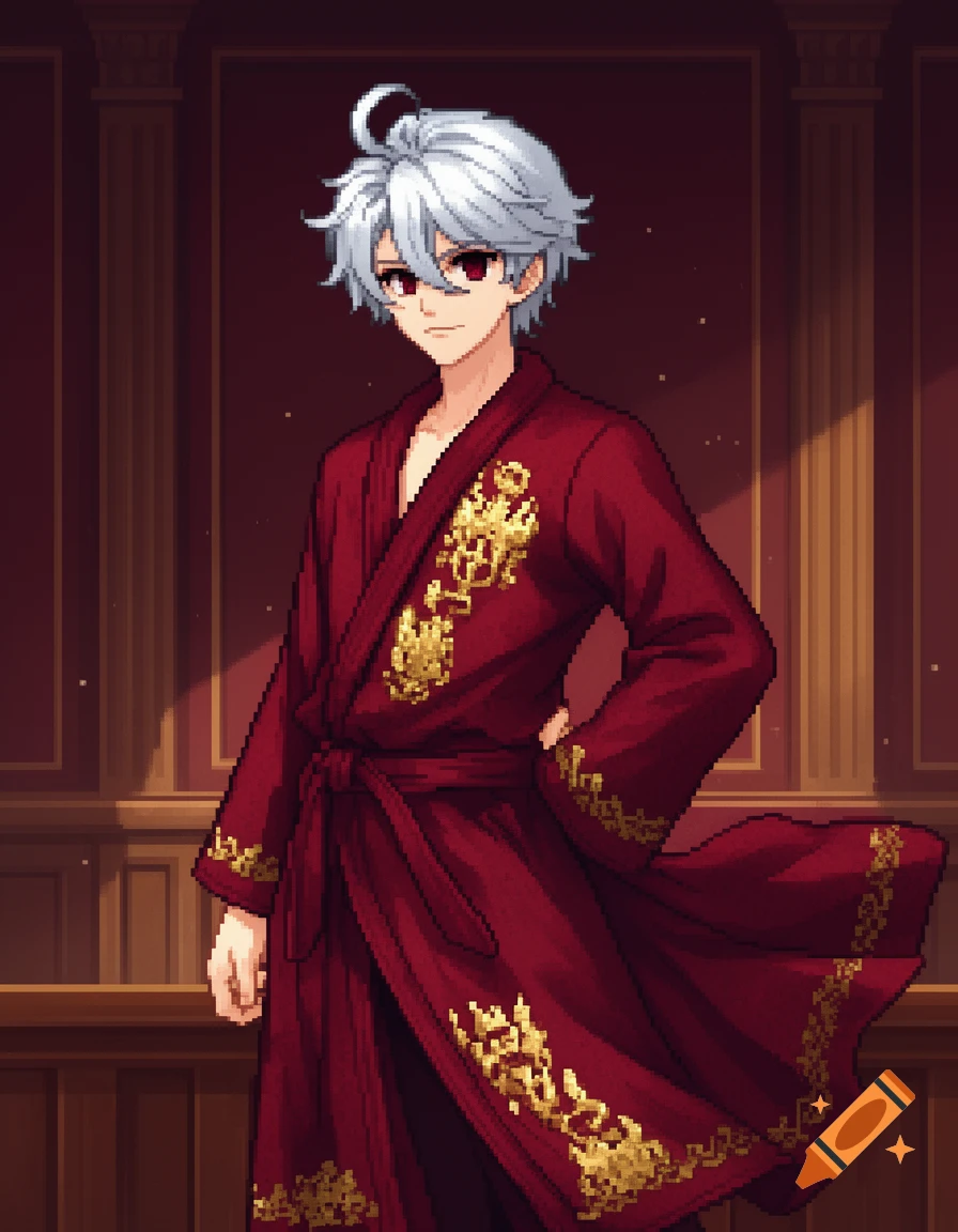 Pixel art anime boy with silver hair and red eyes wearing a red and gold robe in a courtroom.