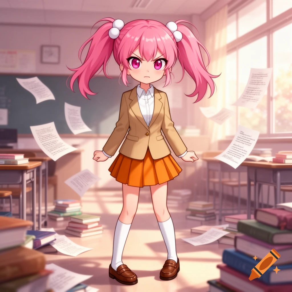 An angry anime girl with pink pigtails, wearing a school uniform, stands in a messy classroom with papers flying around.