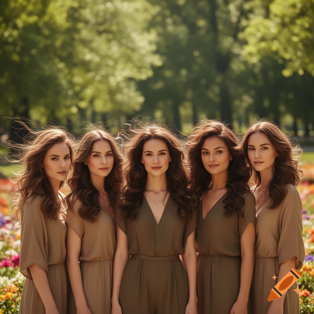 Five women with long brown hair, wearing olive green dresses, stand in a sunny park with trees and colorful flowers.