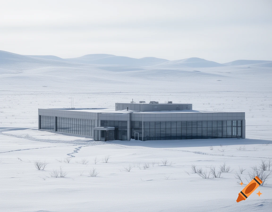 A modern science lab building stands alone in a vast, snow-covered tundra under a pale sky, with gentle hills in the background.