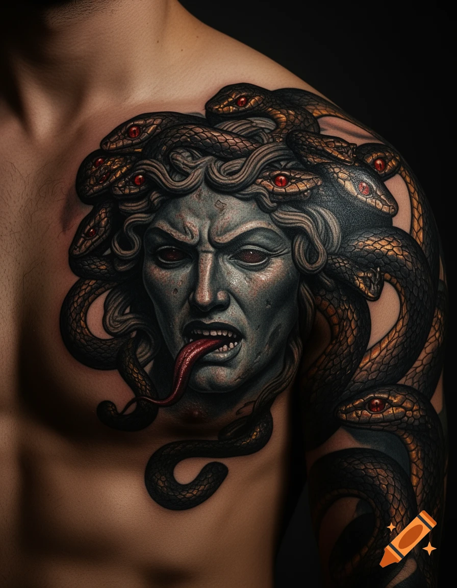 Detailed realistic Medusa tattoo on a man's chest and shoulder, featuring an aggressive face, red-eyed snakes, and a long tongue.