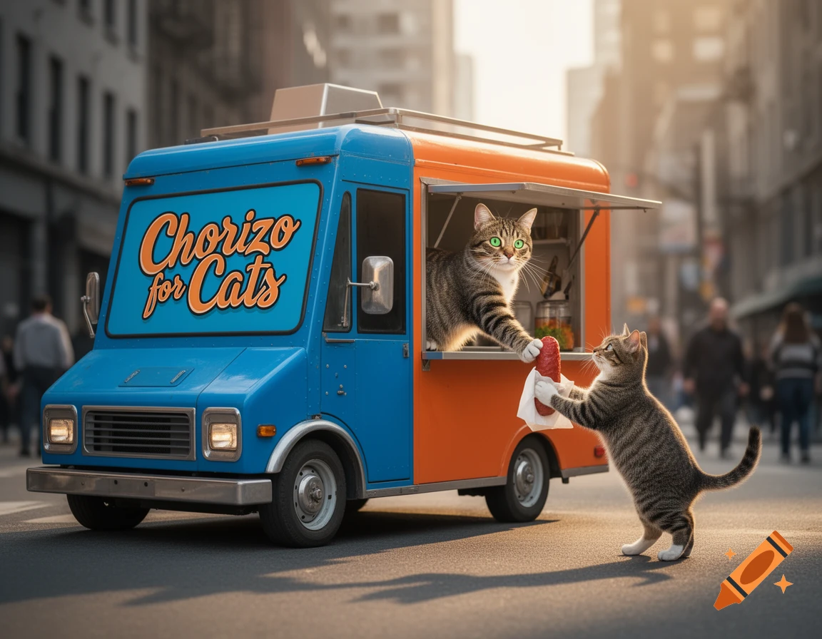 A photorealistic image of a tabby cat serving a chorizo sausage from a blue and orange food truck labeled 'Chorizo for Cats' to another tabby cat on a city street.