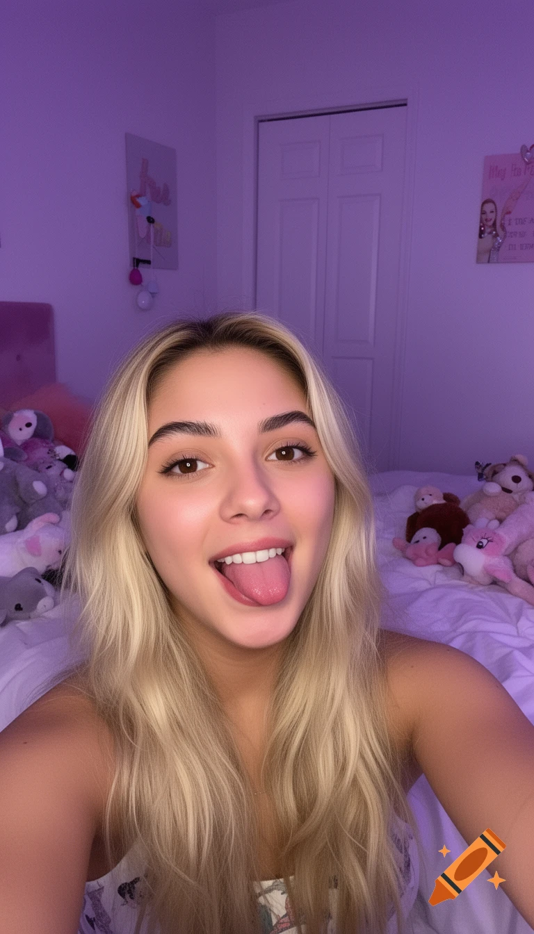A blonde, brown-eyed young woman smiles with her tongue out, taking a selfie in a purple-lit bedroom with stuffed animals.