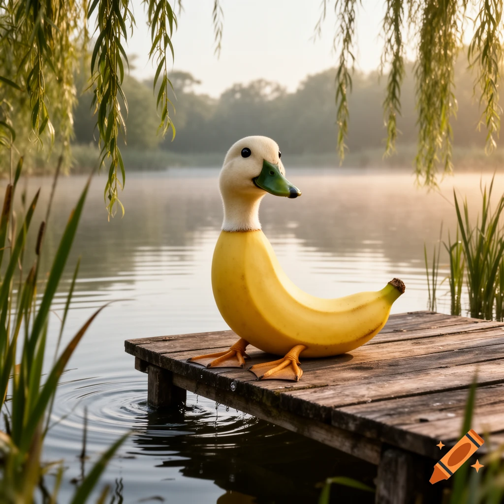 A duck with a banana for a body sits on a wooden dock overlooking a misty lake with willow trees.