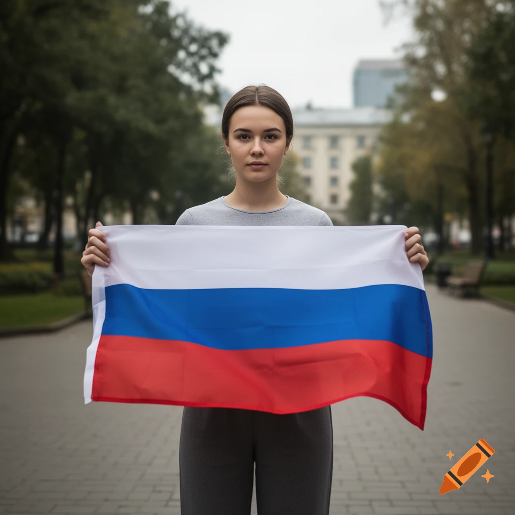 Photorealistic image of a young woman standing outdoors in a park, holding the Russian flag with both hands.