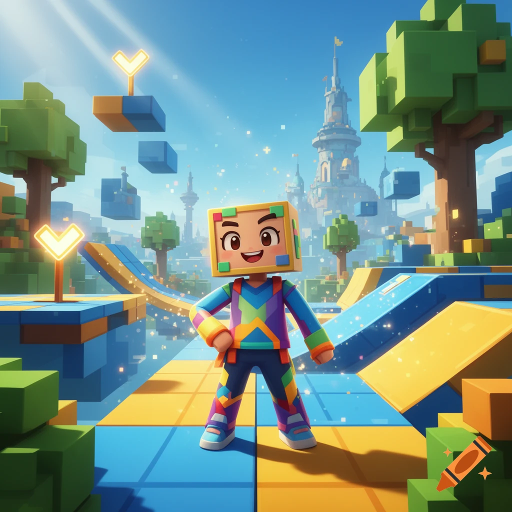 3D digital illustration of a blocky video game character in a colorful fantasy world with floating platforms and a castle.