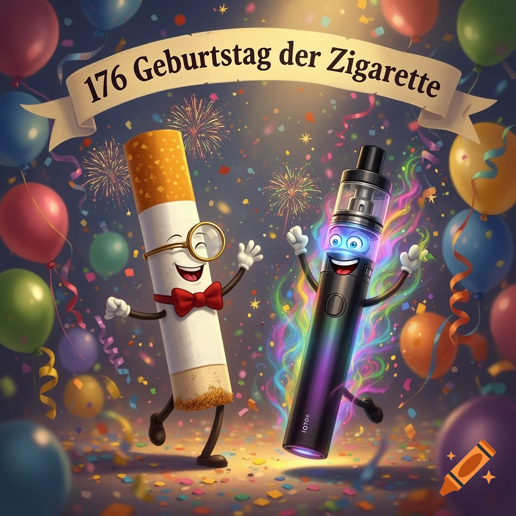 A cartoon cigarette with a monocle and a vape pen with glowing eyes celebrate the 176th birthday of the cigarette amidst confetti and balloons.