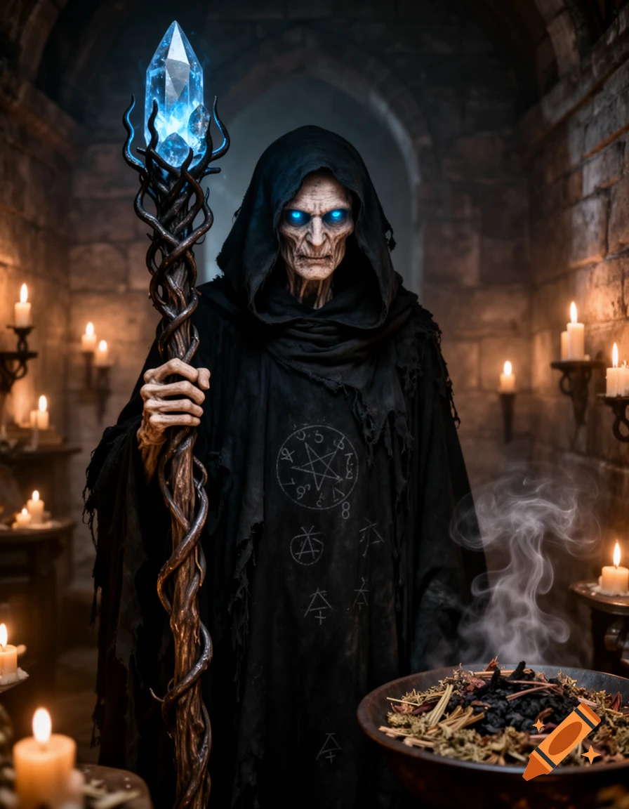 A gaunt necromancer with glowing blue eyes, draped in a tattered black hooded robe with mystical symbols, holds a twisted staff topped with a glowing blue crystal. Candles illuminate the dark stone chamber around them, with smoking herbs in a bowl in the foreground.