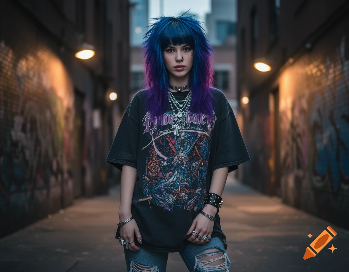 A young alt girl with blue and purple wolfcut hair, wearing a graphic t-shirt and ripped jeans, stands in a dimly lit urban alley with graffiti.