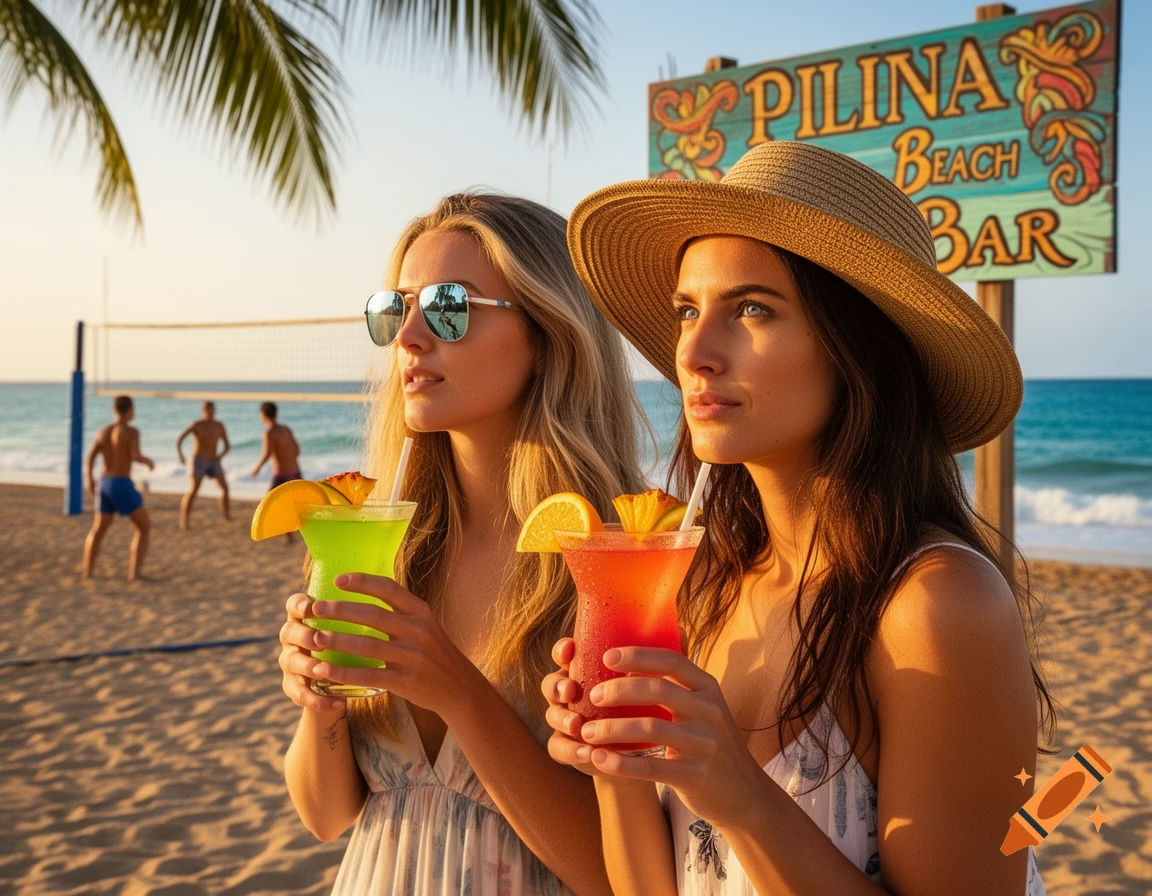 Two women with cocktails watch a beach volleyball game in front of a Pilina Beach Bar sign.