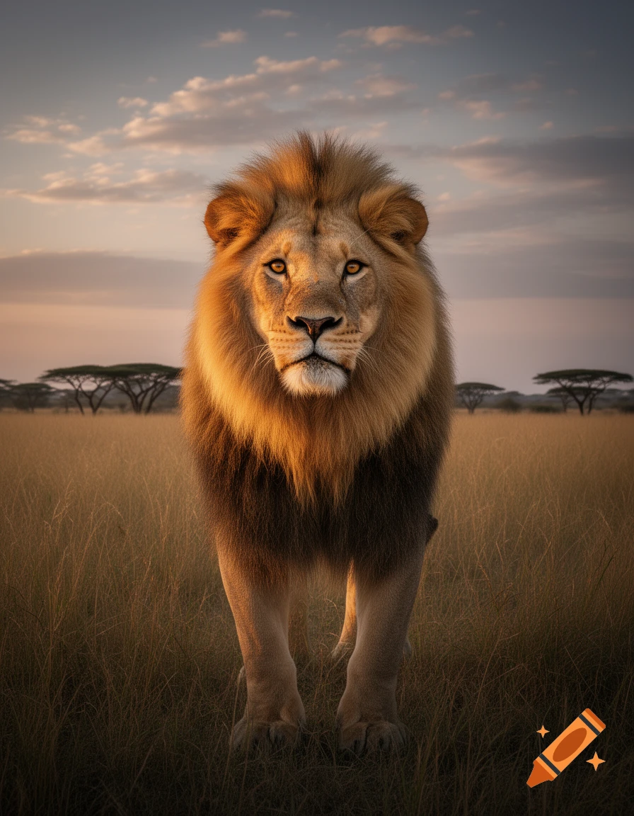 A majestic male lion with a full mane stands looking forward in a golden savanna at sunset under a cloudy sky.