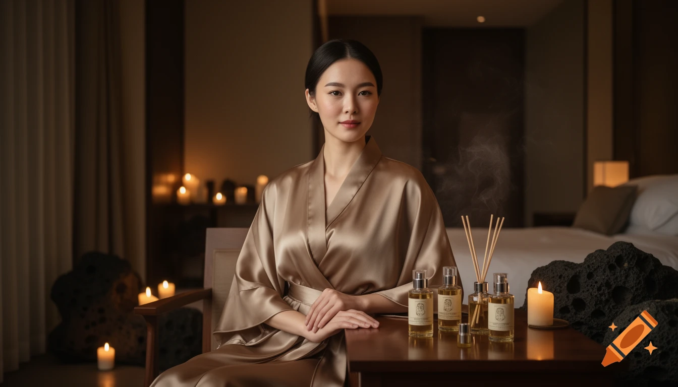 Elegant Asian woman in a silk robe sits in a luxury resort room with aromatic oil bottles, a diffuser, candles, and basalt stones.