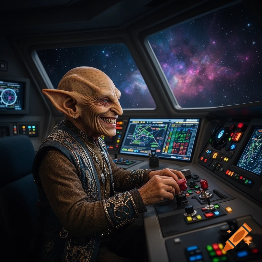 A smiling Ferengi-like alien pilot with large ears operates controls in a detailed spaceship cockpit, looking out at a starry nebula.
