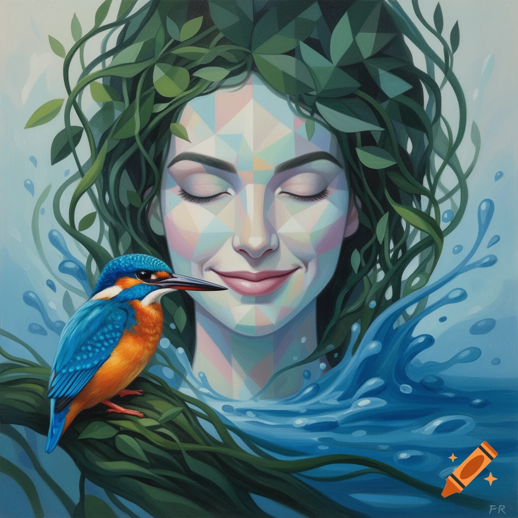 Geometric art of a serene woman with leafy hair and water, a colorful kingfisher perched on a branch.