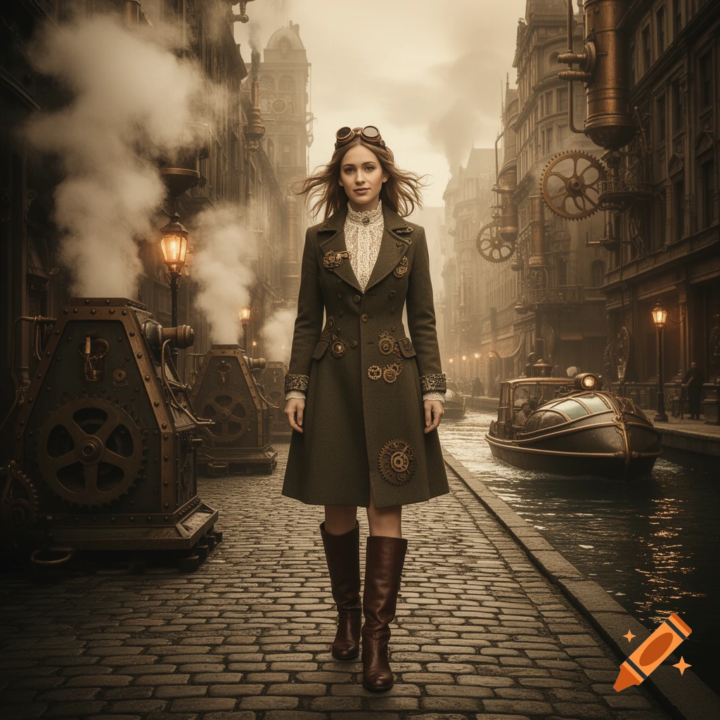 A woman in a long green steampunk coat and boots walks on a cobblestone street in a hazy, steam-filled city with a canal and boat.