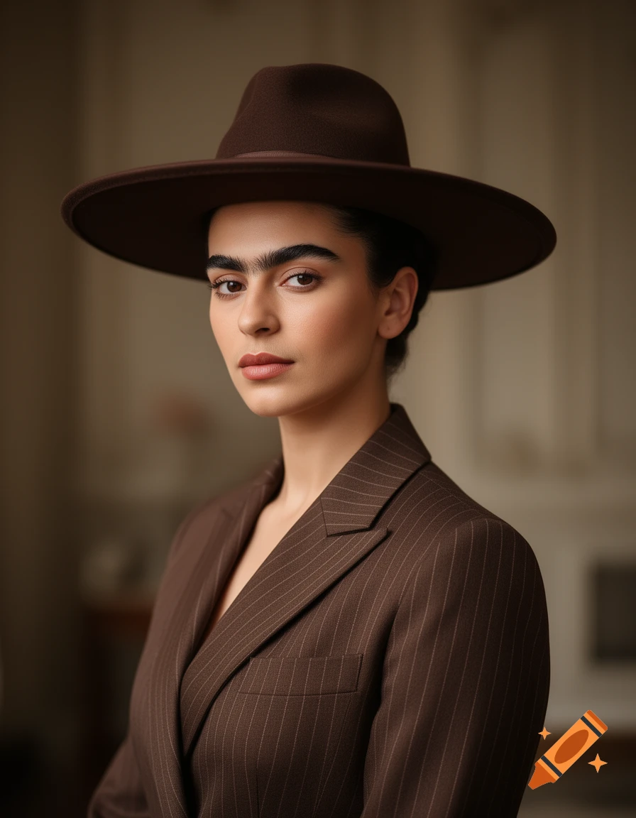 A woman resembling Frida Kahlo in a brown pinstripe suit and a dark brown chupalla hat, looking directly at the viewer.