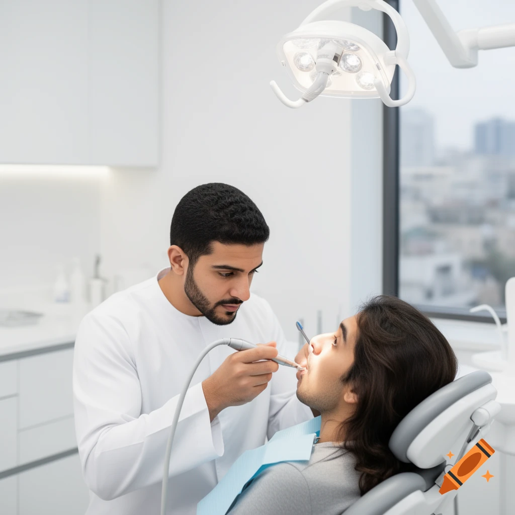 A male dentist, without a mask or gloves, uses a dental drill on a patient in a bright, modern clinic.