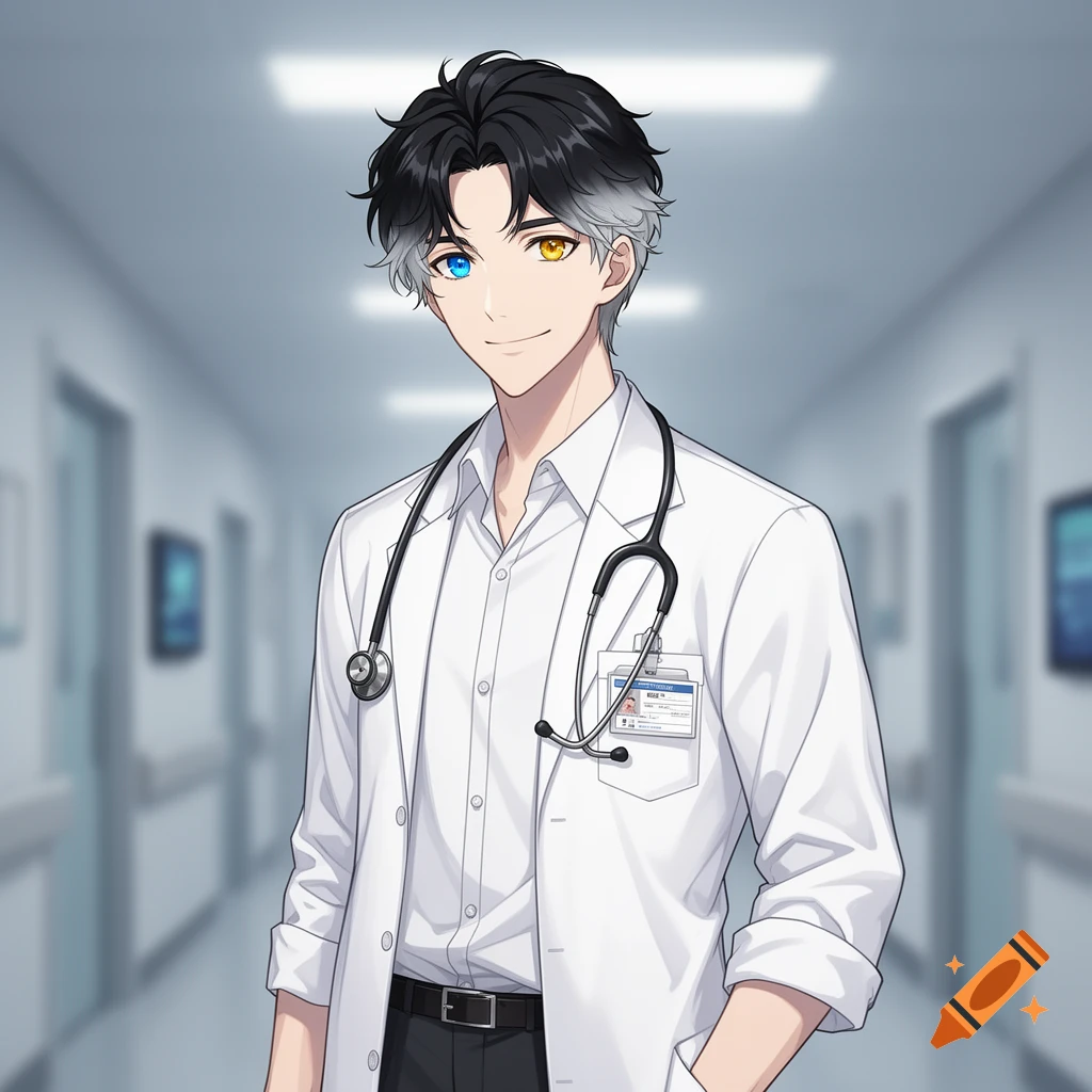 Anime style illustration of a young male doctor with black and gray hair and heterochromia eyes in a hospital hallway.