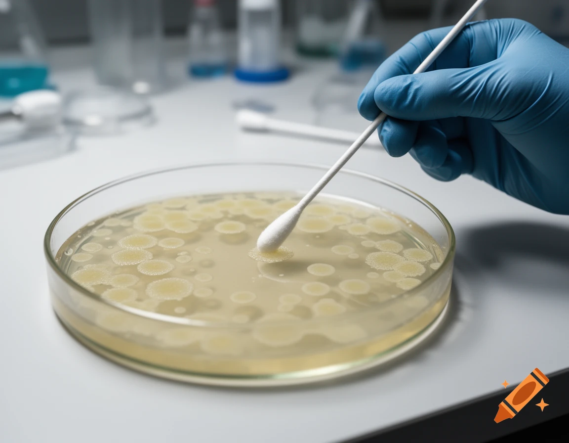 A gloved hand uses a cotton swab to collect a sample from bacterial colonies growing on an agar plate in a laboratory.
