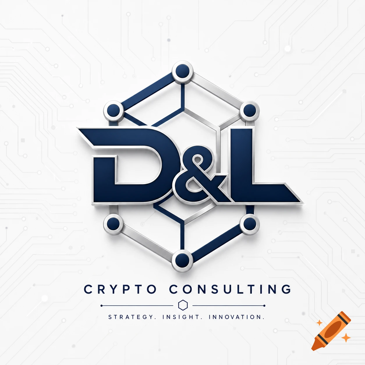 D&L Crypto Consulting 3D logo in dark blue and silver, set on a white circuit board pattern.
