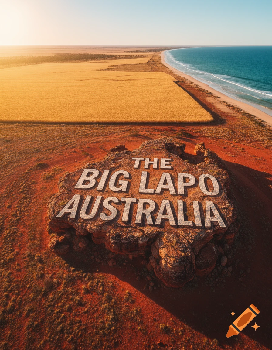 Aerial view of a vast yellow field meeting a sandy beach and blue ocean, with 'THE BIG LAPO AUSTRALIA' carved into a large red rock in the foreground.