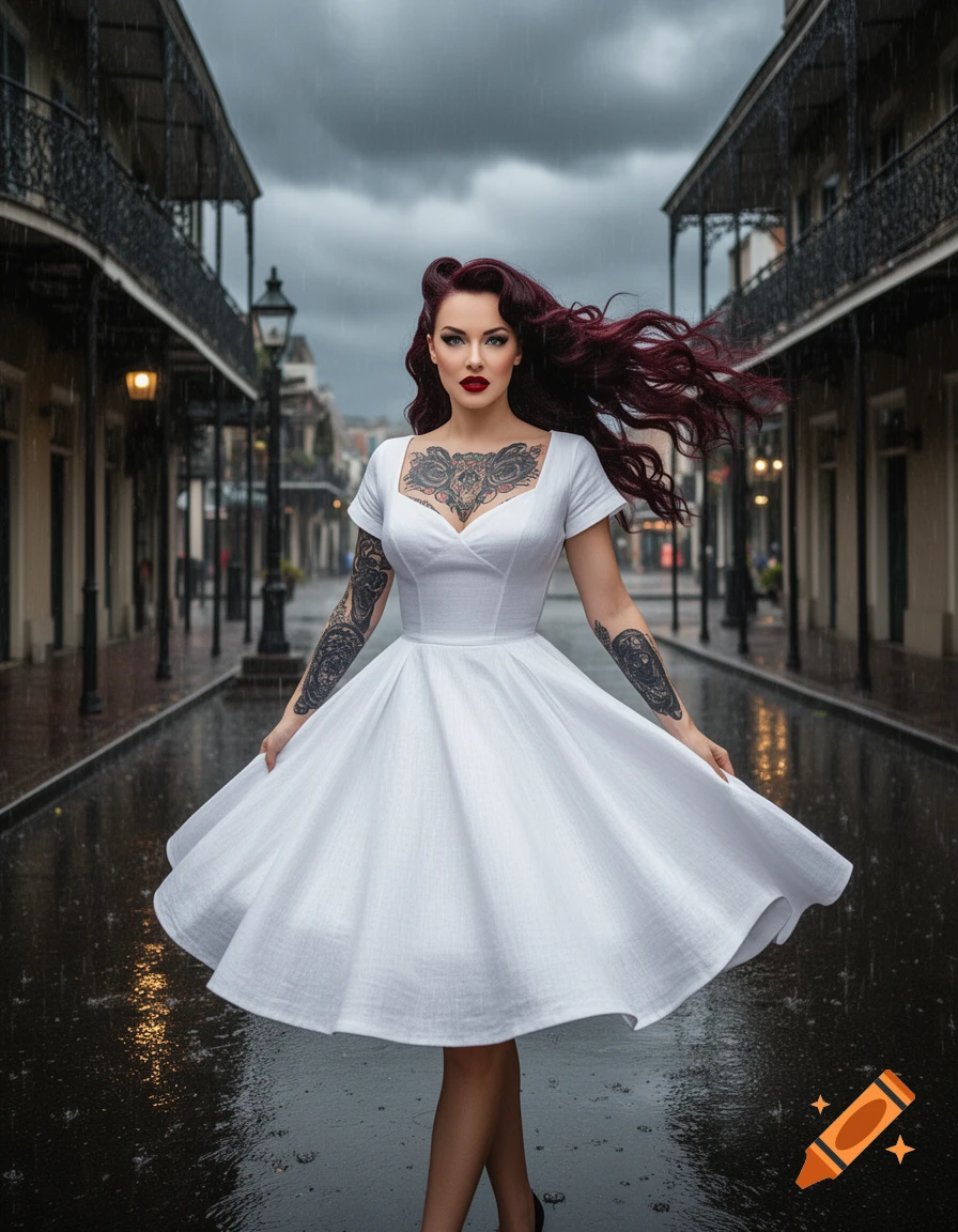 A pinup girl with dark red hair and full tattoos in a white swing dress twirling on a rainy New Orleans street.