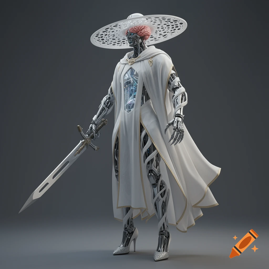 A futuristic cyborg warrior in white robes with gilded trim, silver high-heels, a large-brimmed hat with holes, an exposed brain, and sharp claws, holding a large sword.