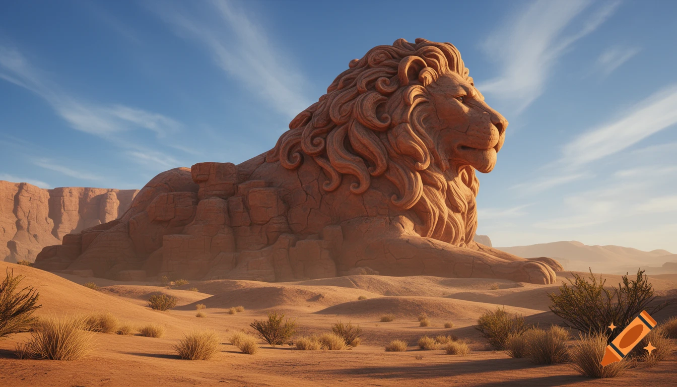 A colossal rock formation sculpted into a reclining lion rests in a vast desert landscape under a clear blue sky.