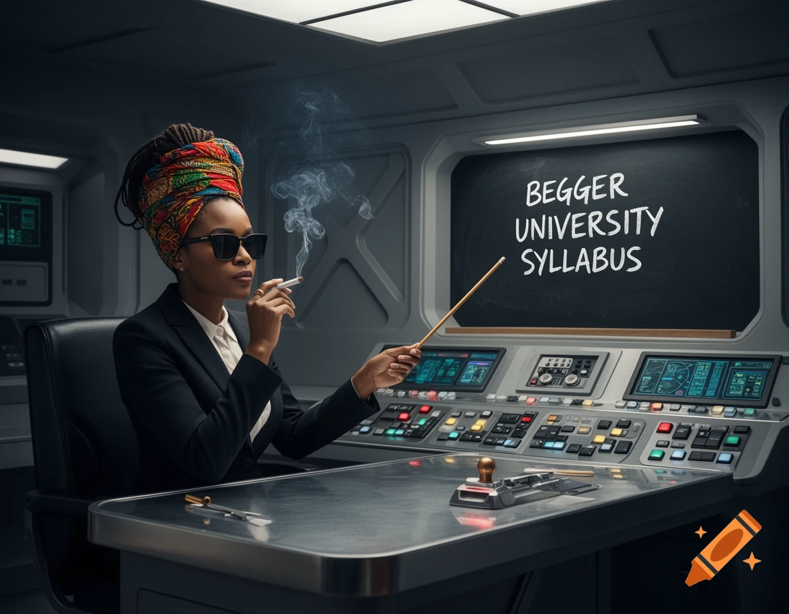 A woman with a colorful headwrap and sunglasses sits in a spaceship control room, smoking, and pointing at a chalkboard that reads BEGGER UNIVERSITY SYLLABUS.