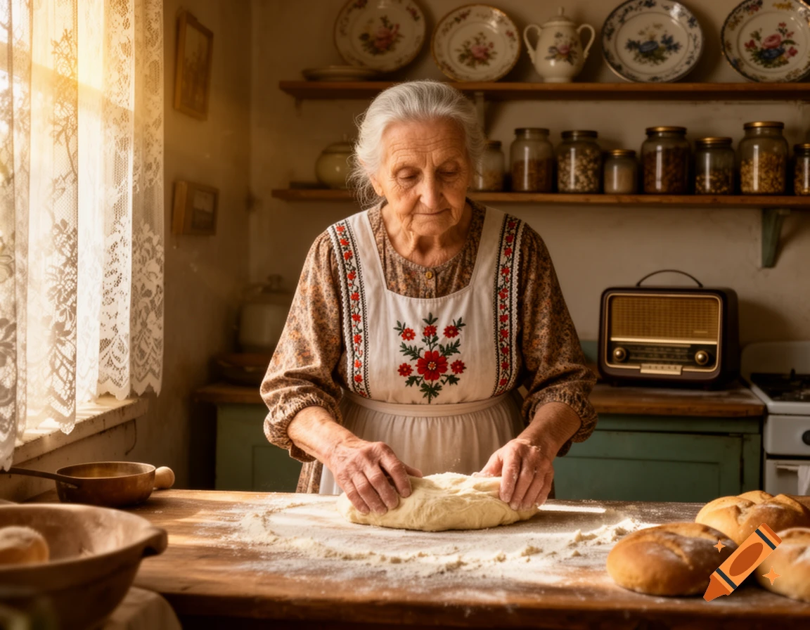 Elderly woman in a rustic kitchen, bathed in warm sunlight, kneading dough on a wooden table with fresh bread nearby.
