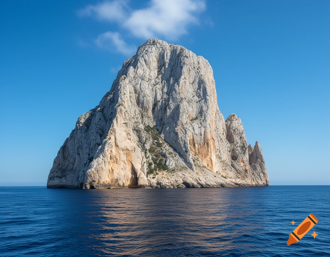 A massive, craggy rock formation juts out of the deep blue sea under a clear sky with a few white clouds.