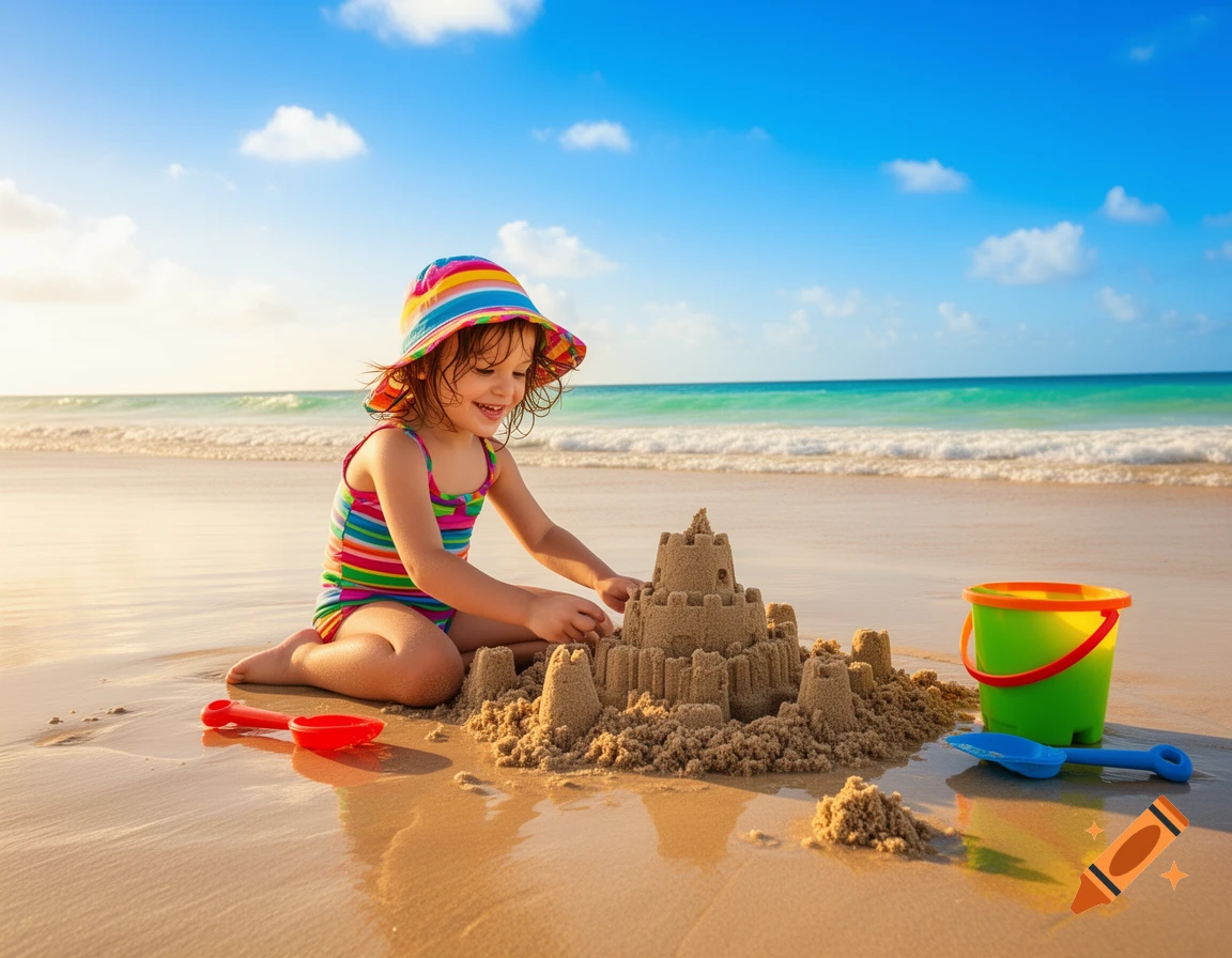 A smiling child in a striped swimsuit and colorful hat sits on a sunny beach, building a sandcastle with a bucket and shovel nearby.