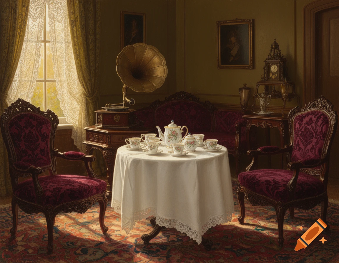 A richly decorated vintage room with ornate red chairs, a tea set on a white table, a gramophone, and sunlight streaming through lace curtains.