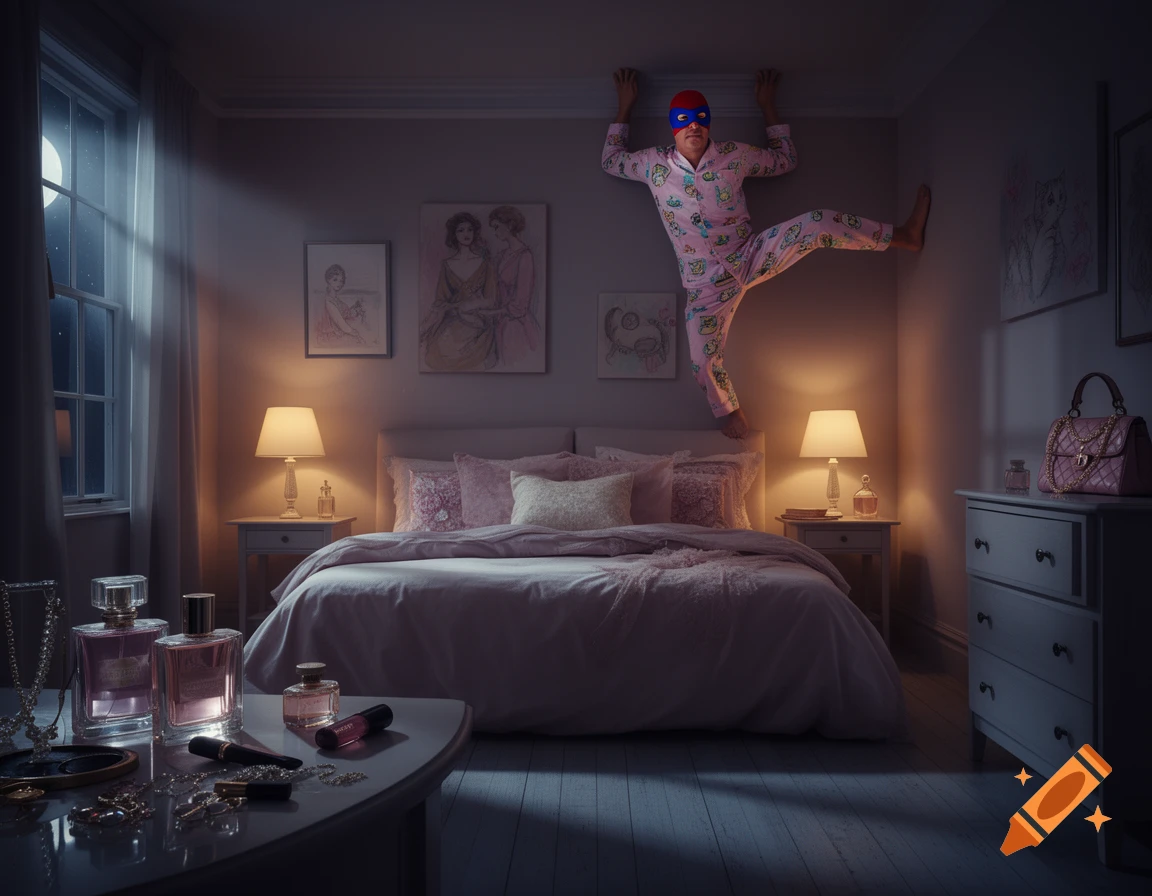 A man in pink cat pajamas and a red-blue superhero mask clings to the corner of a feminine bedroom wall at night, lit by moonlight.