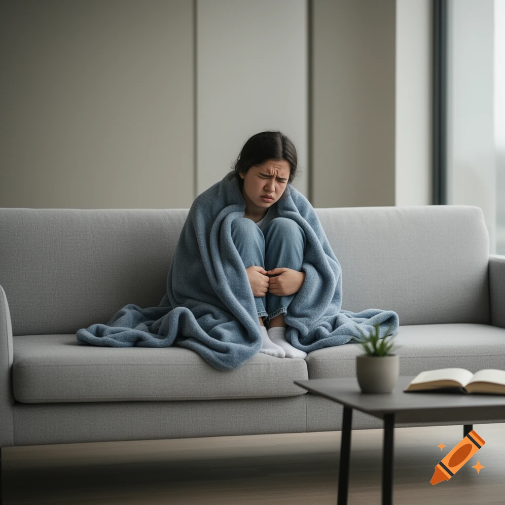 A distressed person huddles under a blue blanket on a grey couch in a modern room, with a plant and open book on a side table.