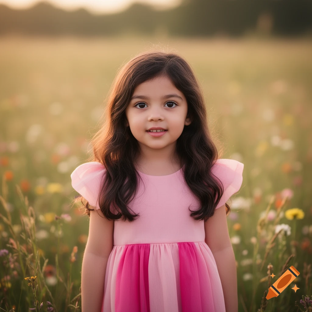 A young girl with long brown hair, wearing a pink dress, stands smiling in a sunlit field of wildflowers.