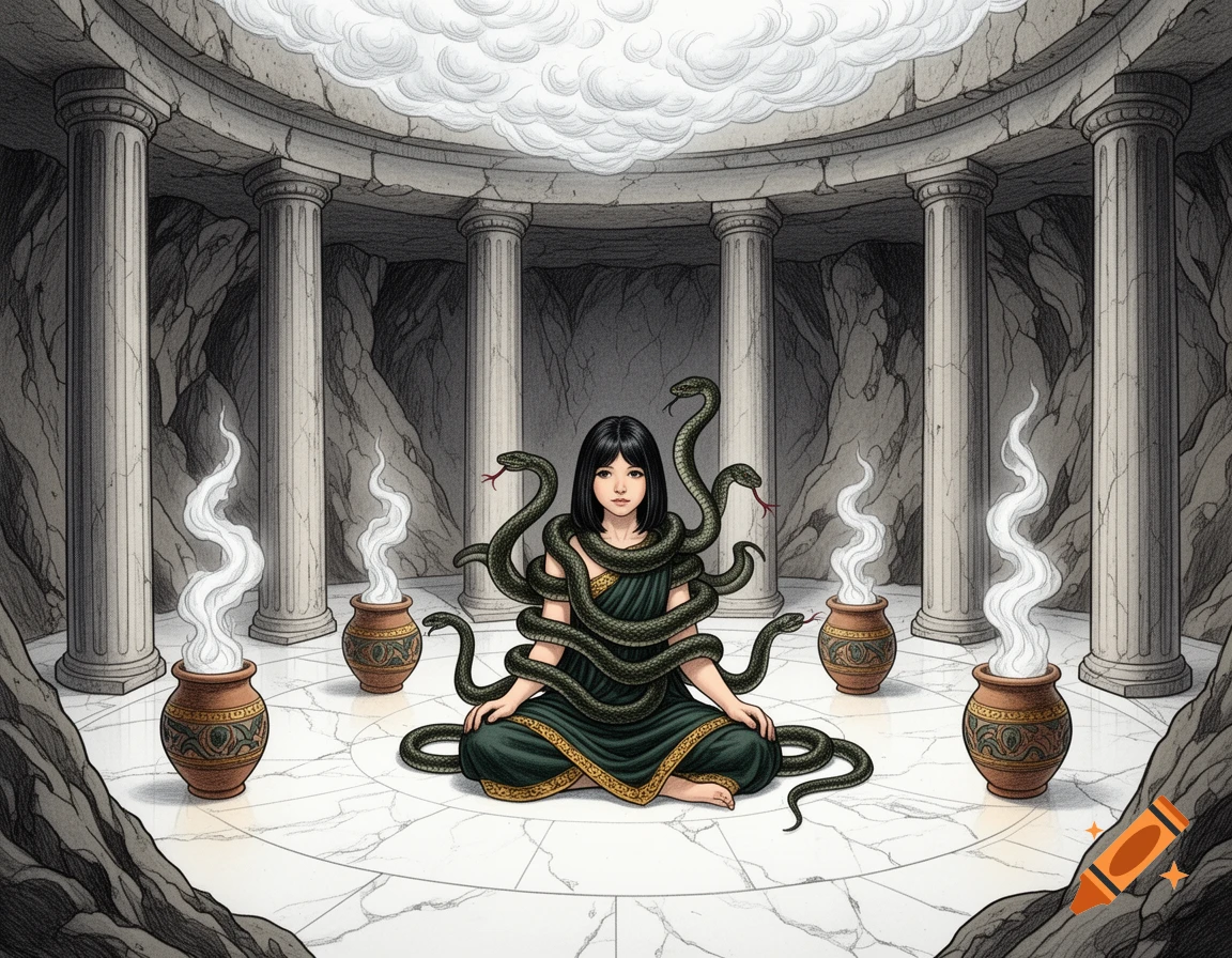 A young woman in a green toga sits cross-legged, entangled by several snakes, in a circular chamber with pillars and smoking pots, in a drawn style.