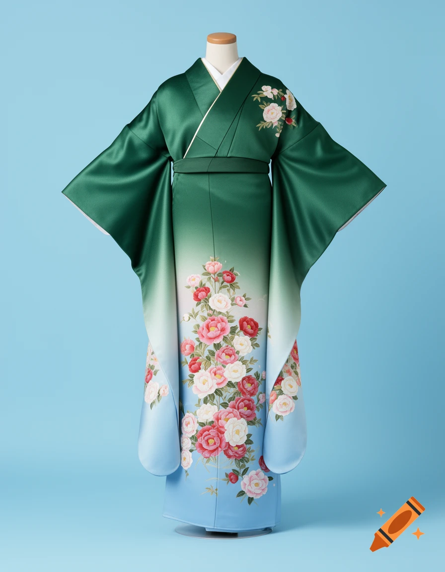 Photorealistic Japanese wedding kimono with emerald green top, light blue bottom, and pink, red, white floral embroidery, on a mannequin.