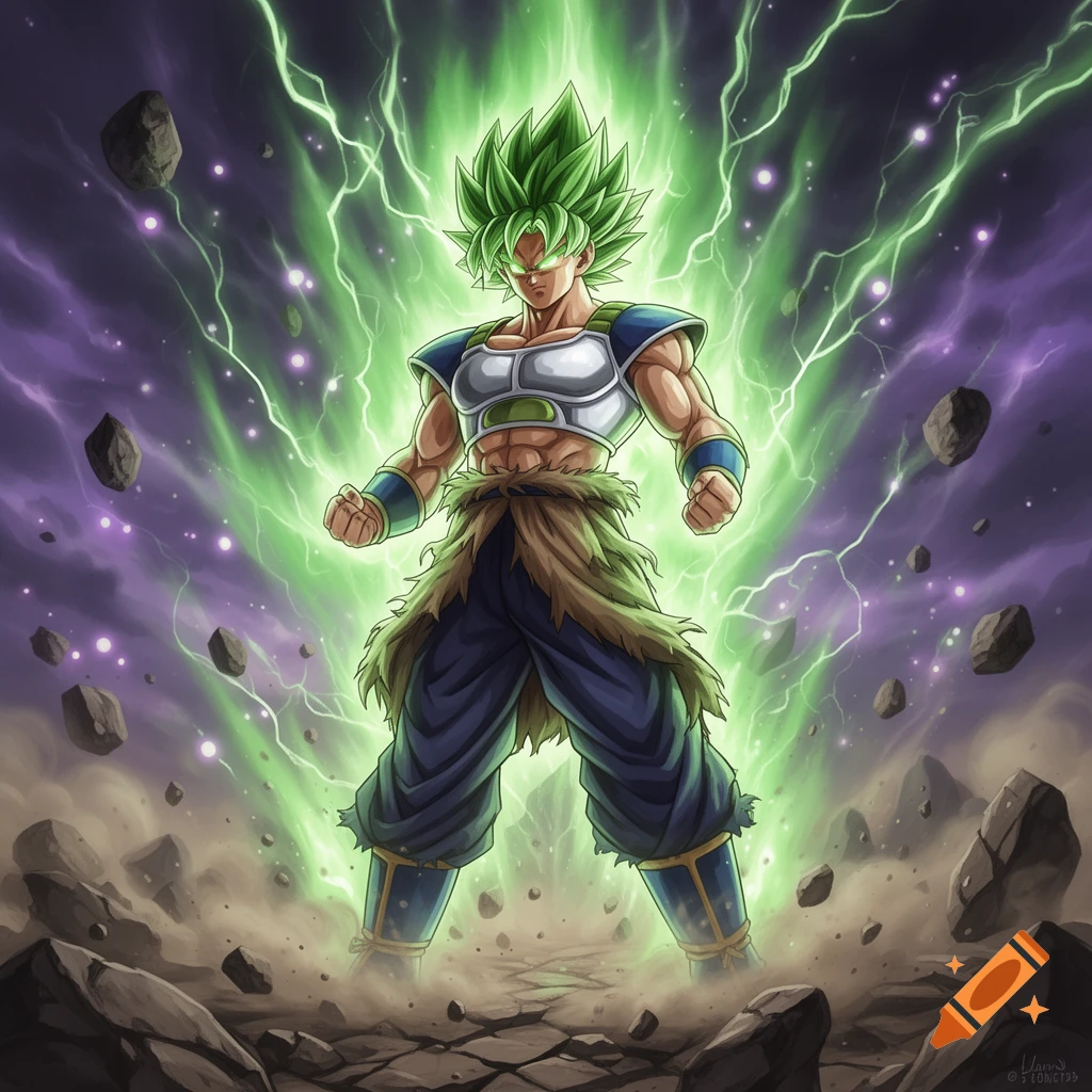 Muscular anime character with green spiky hair powers up in a rocky, stormy landscape with green energy and lightning.
