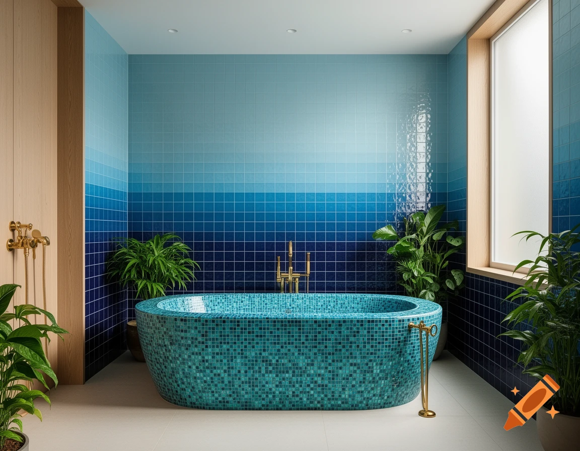 A photorealistic modern bathroom featuring a turquoise mosaic bathtub, gradient blue wall tiles, light wood, green plants, and golden fixtures.