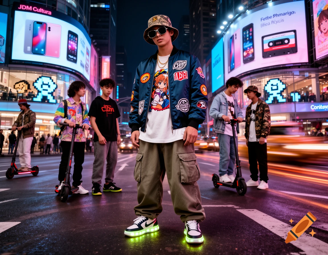 Young men in streetwear on scooters at night in a city with bright billboards and neon lights, in a photorealistic style.
