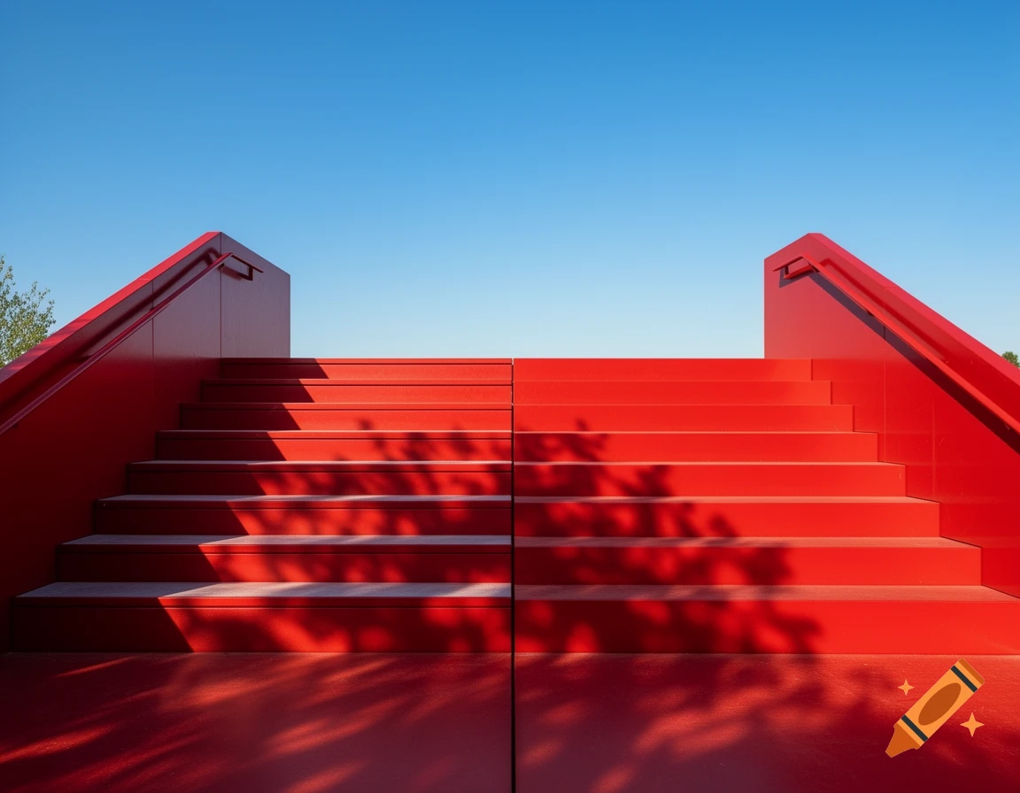 A vibrant red staircase with railings ascends under a clear blue sky, casting tree shadows on its steps and base.